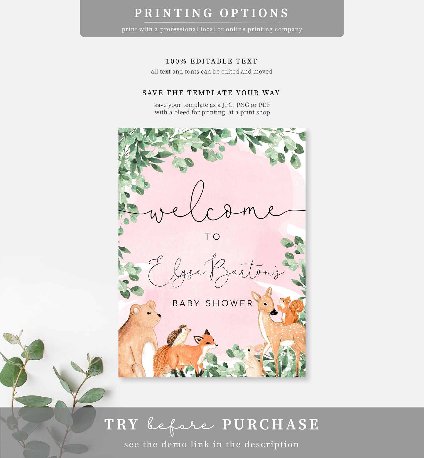 Woodland Animals Pink | Printable Welcome Sign
