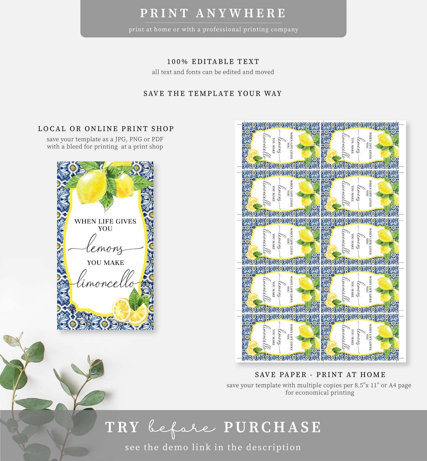 Positano Lemons | Printable Limoncello Favour Tags Template