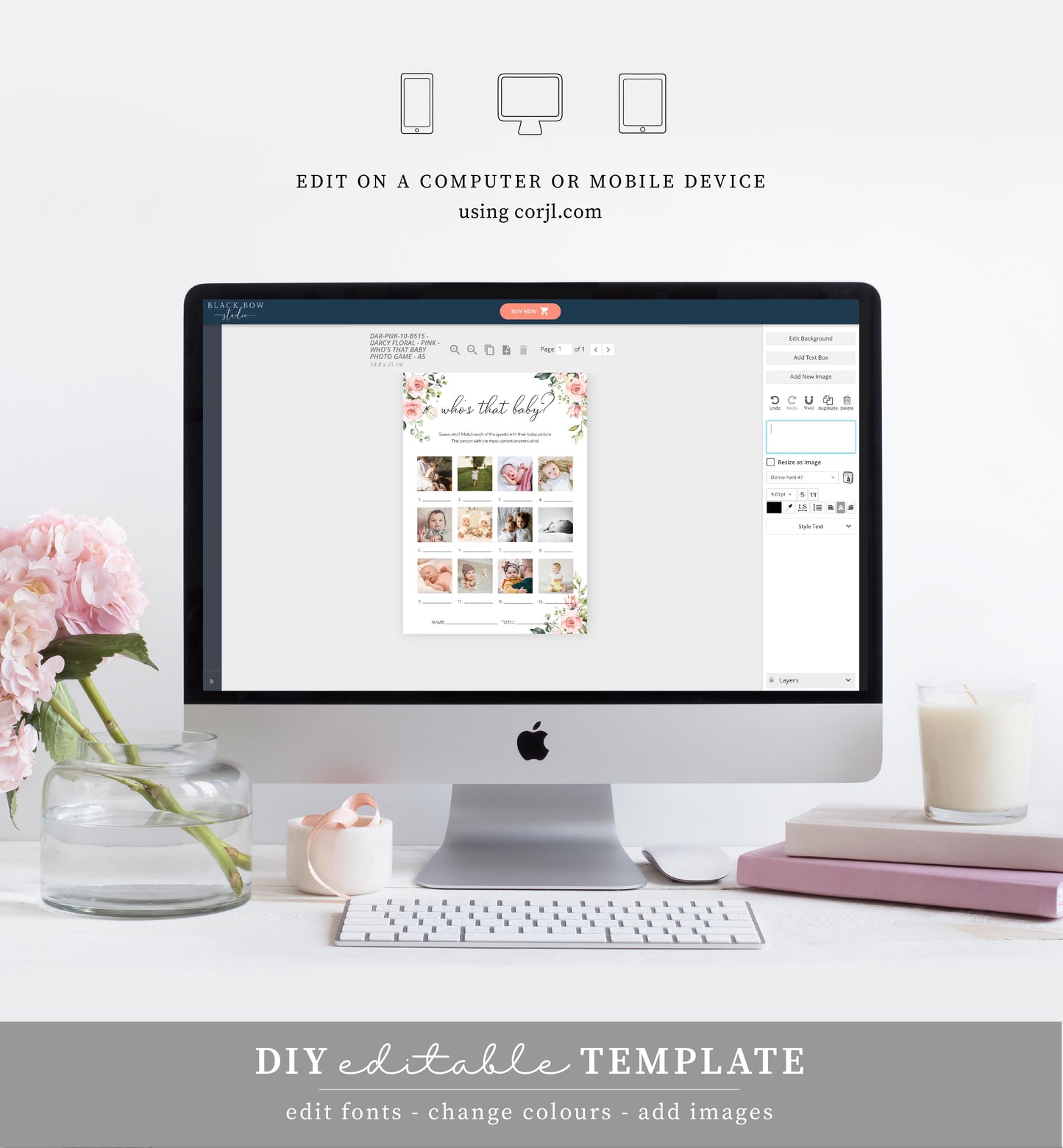 Darcy Floral Pink | Printable Guess The Baby Photo Baby Shower Game Template