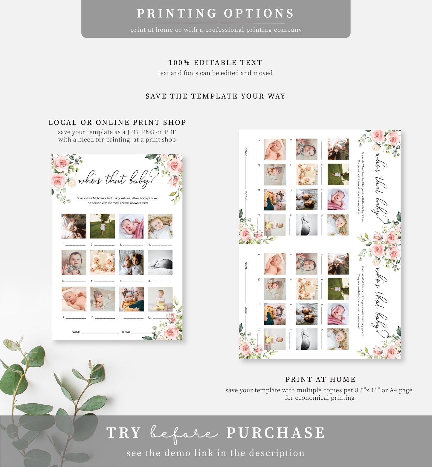 Darcy Floral Pink | Printable Guess The Baby Photo Baby Shower Game Template