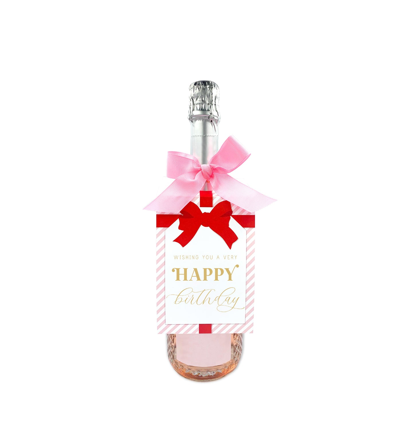 Stripe Pink Red | Happy Birthday Wine Bottle Tag Kit
