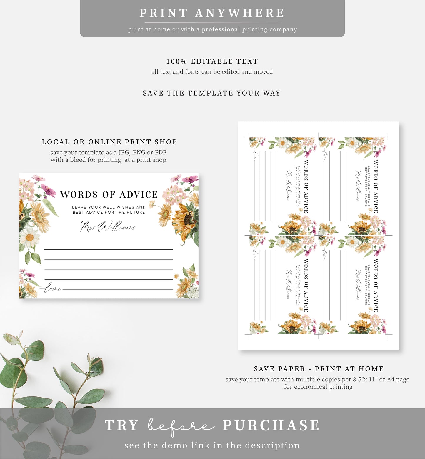 Mews Floral White | Printable Words Of Advice Sign and Card Template