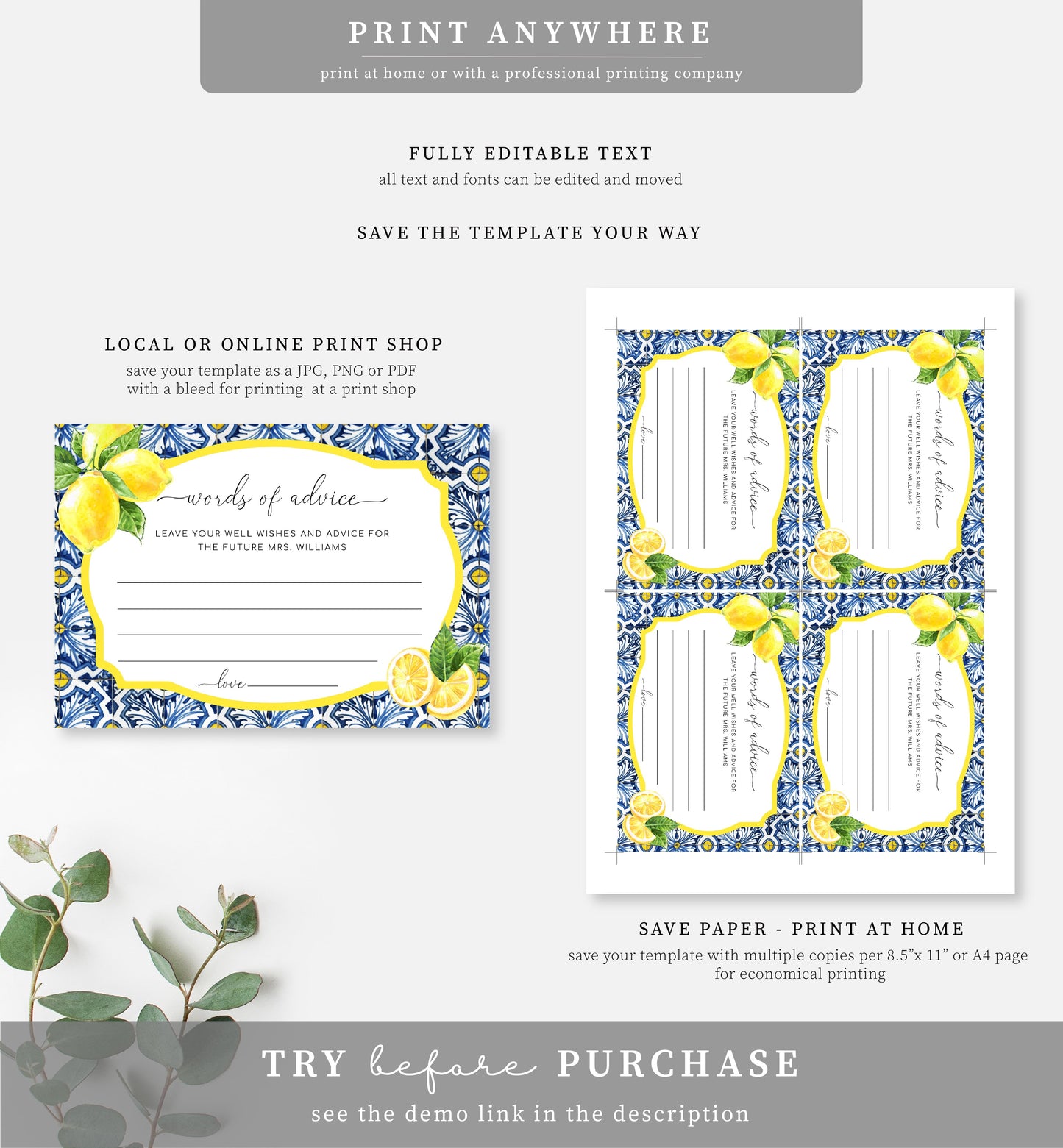 Positano Lemons | Printable Words Of Advice Sign and Card Bundle Template