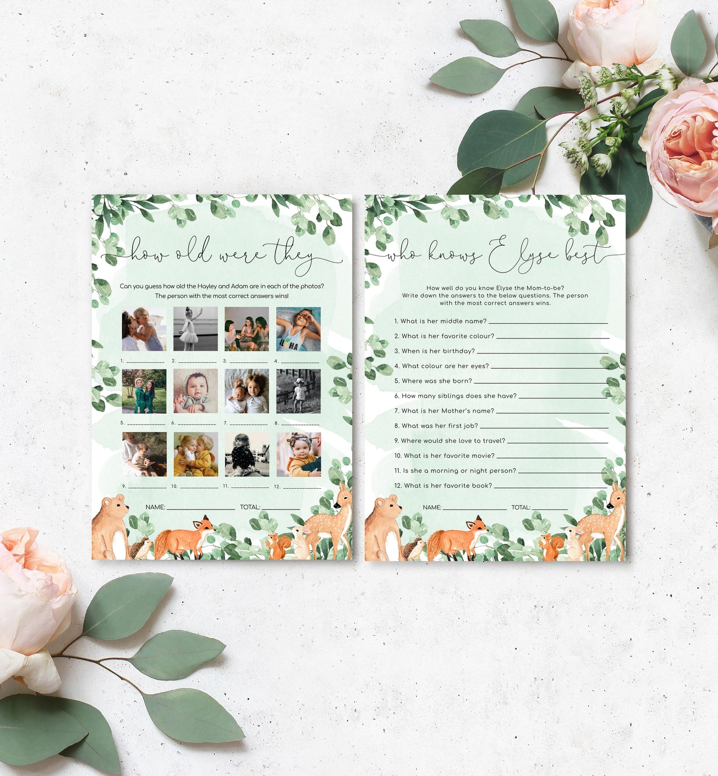 Woodland Animals Green | Printable Baby Shower Games Bundle