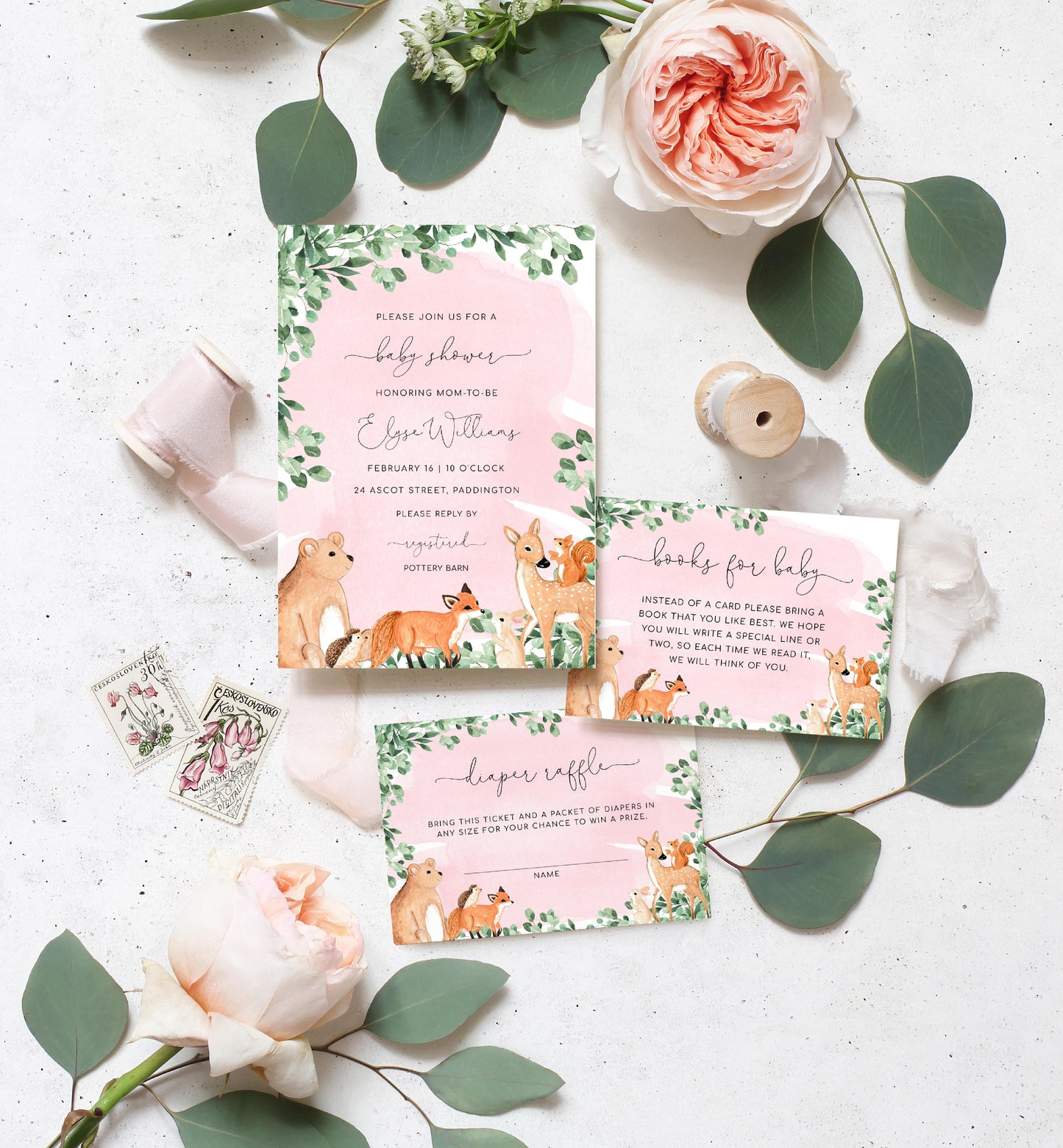 Woodland Animals Pink | Printable Baby Shower Invitation Suite