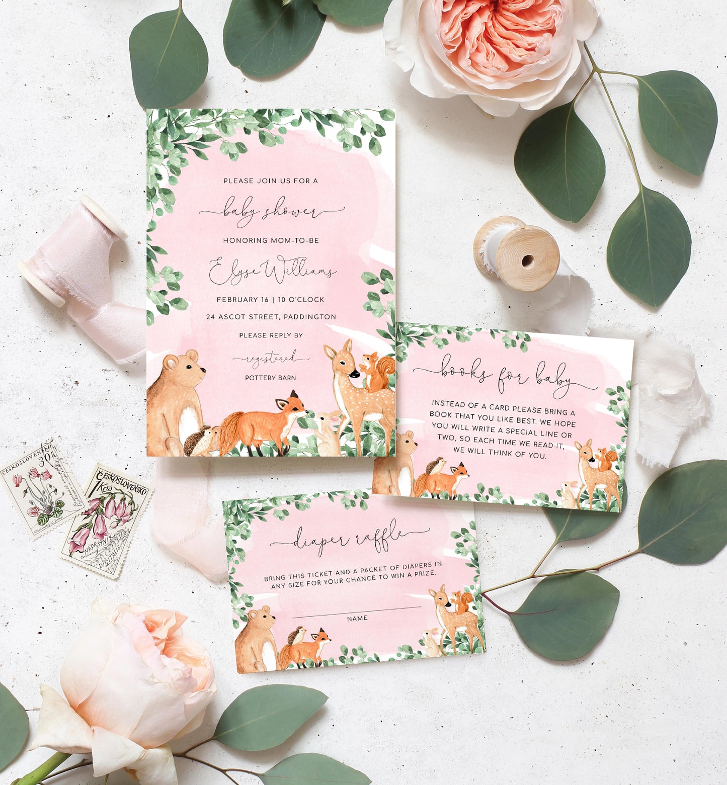 Woodland Animals Pink | Printable Baby Shower Invitation Suite