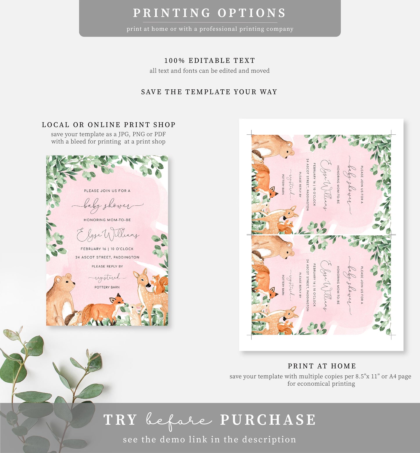 Woodland Animals Pink | Printable Baby Shower Invitation Suite