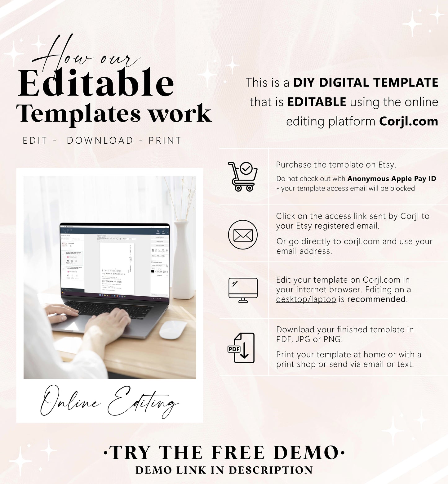 Instructions on how to use a DIY digital template for editing, downloading, and printing with Corjl.com.