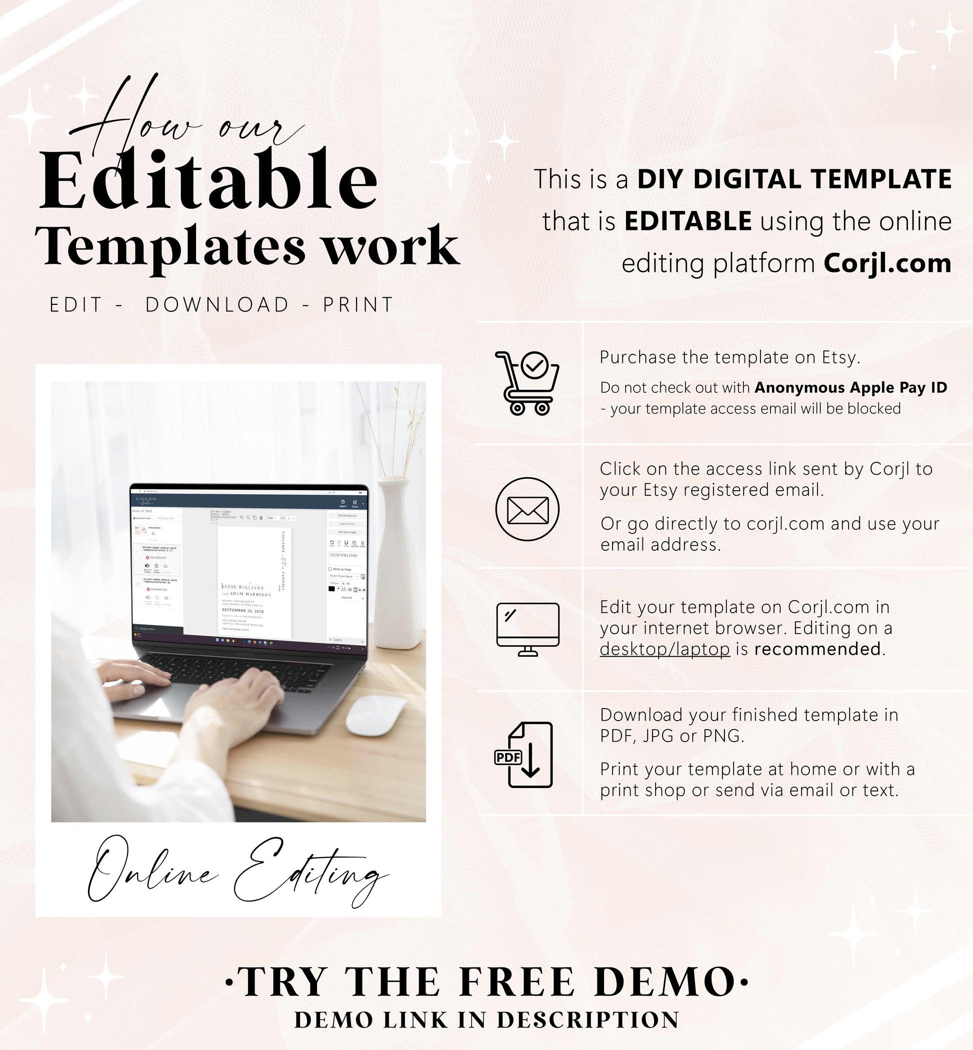 Instructions on how to use a DIY digital template for editing, downloading, and printing with Corjl.com.