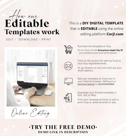 Instructions on how to use a DIY digital template for editing, downloading, and printing with Corjl.com.