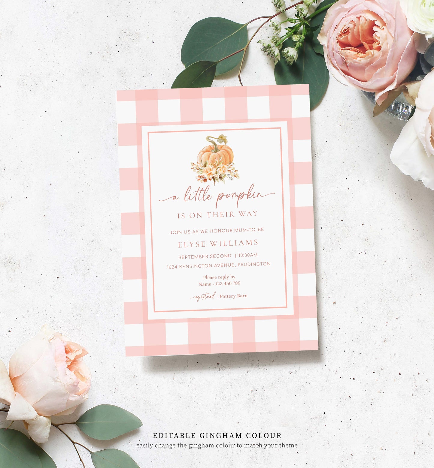 A Little Pumpkin Is The Way Fall Autumn Baby Shower Printable Invite, Raffle Ticket, Book Request, Peach Gingham Check, Girl Baby Shower Invite