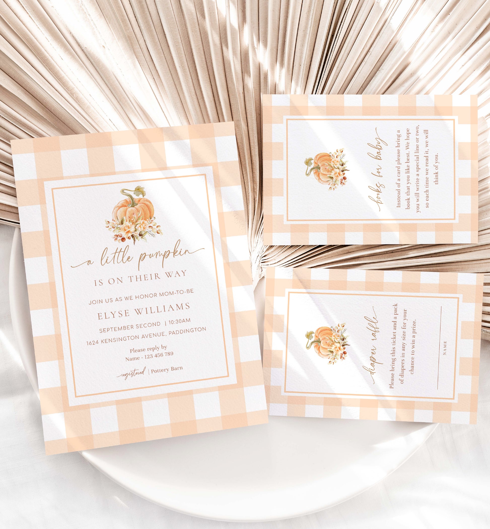 A Little Pumpkin Is The Way Fall Autumn Baby Shower Printable Invite, Raffle Ticket, Book Request, Peach Gingham Check, Girl Baby Shower Invite