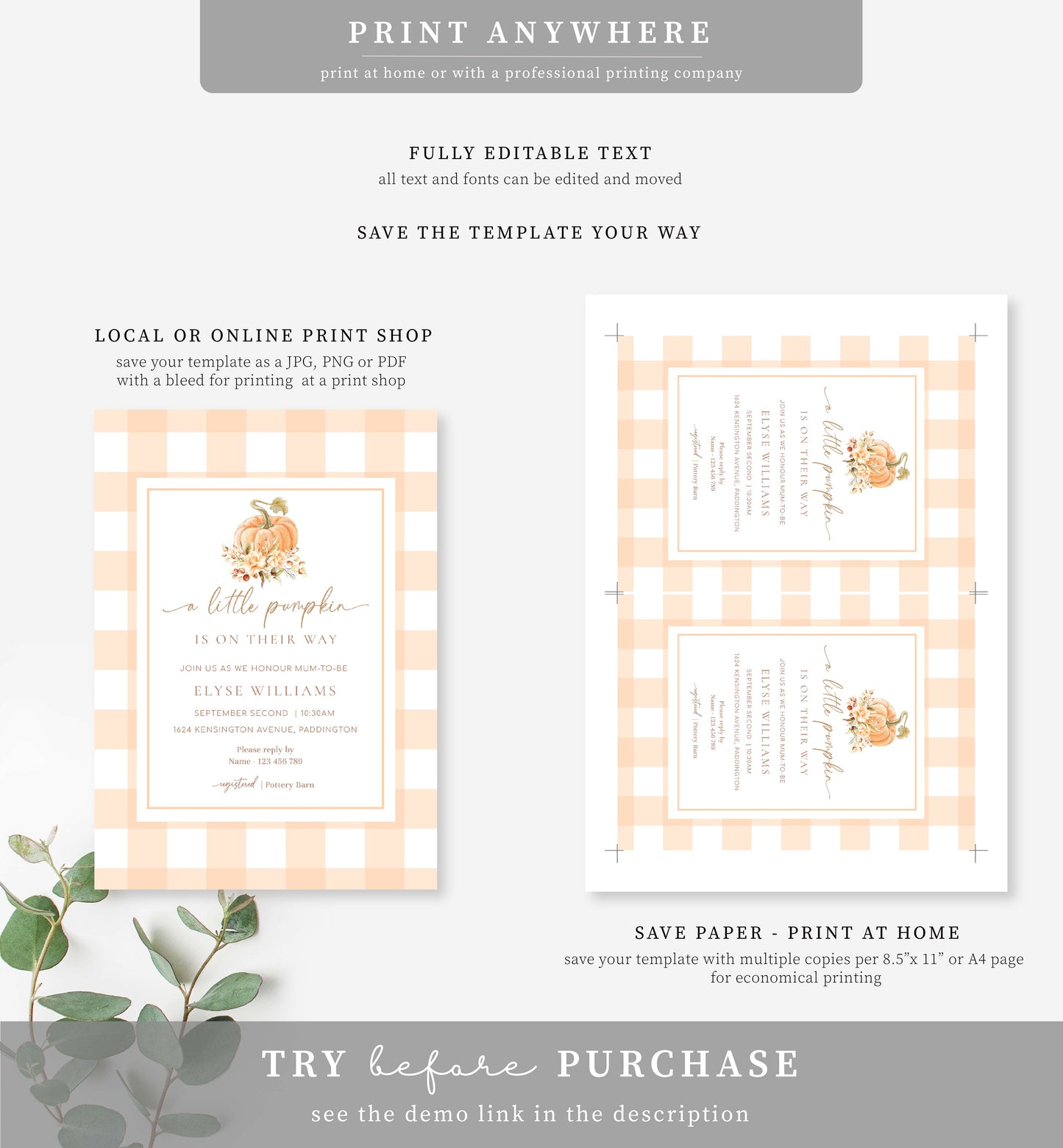 Gingham Peach Pumpkin | Printable Baby Shower Invitation Suite