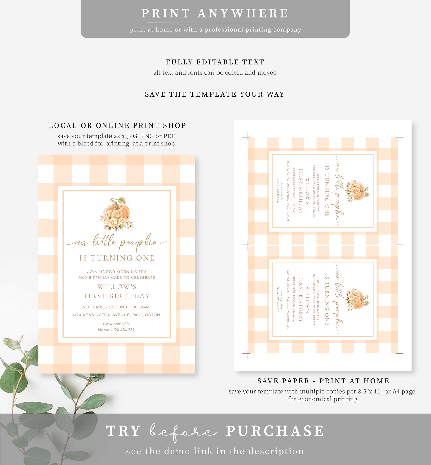 Gingham Peach Pumpkin | Printable Birthday Invitation Template