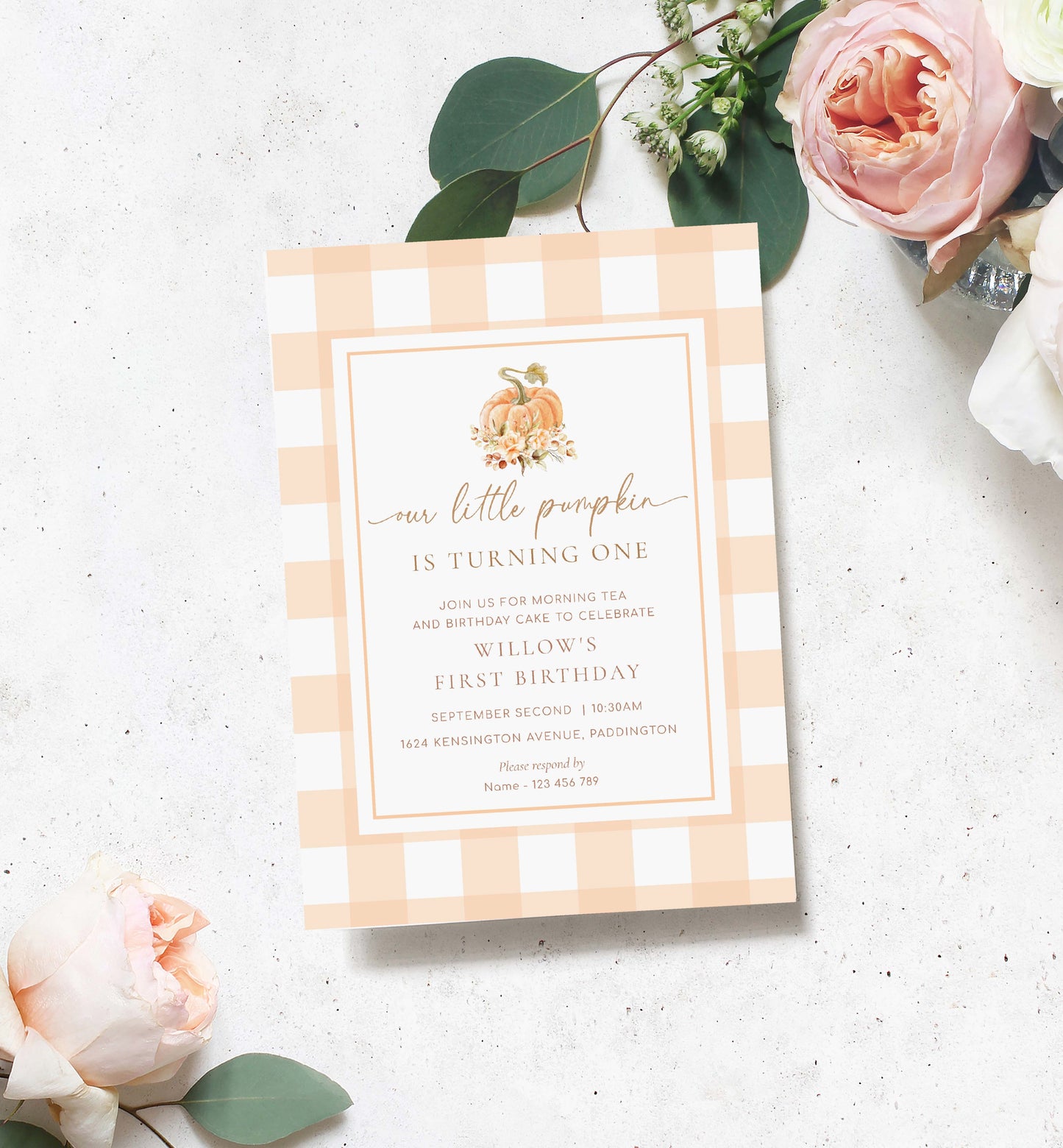 Our Little Pumpkin Is Turning One, Autumn Fall First Birthday Printable Invite, Peach Gingham Check, Girl 1st Birthday Invite, Fall Floral