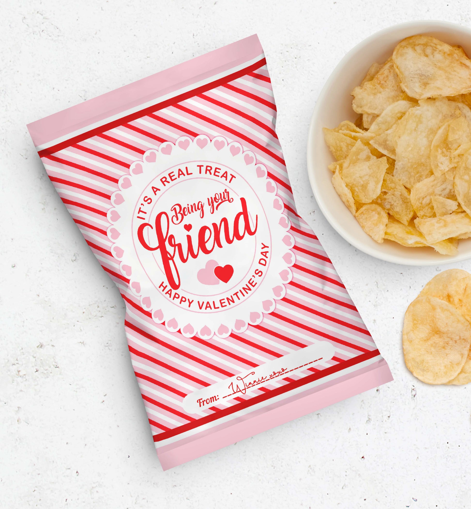 Printable Valentine's Day Chip Packet Wrappers, It's A Real Treat Being Your Friend Printable Crisp Bag Favors, Classroom Valentine's Treat