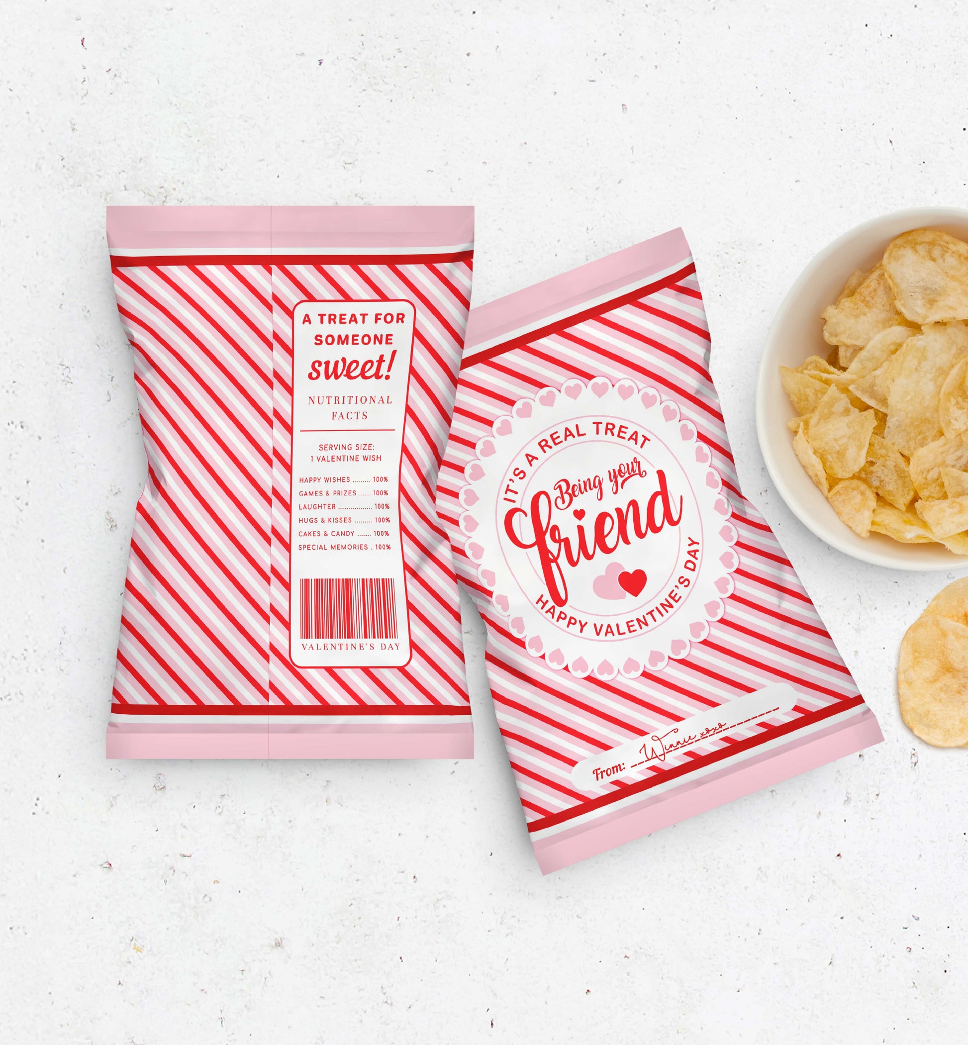 Printable Valentine's Day Chip Packet Wrappers, It's A Real Treat Being Your Friend Printable Crisp Bag Favors, Classroom Valentine's Treat
