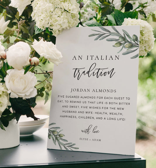 An Italian Tradition Sign, Printable Jordan Almonds Sign, Olive Branch, Sugared Almonds Wedding Favors, Wedding Tradition sign