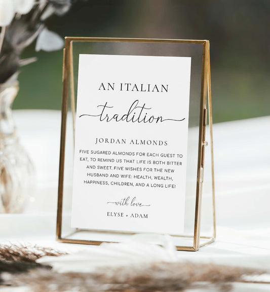 An Italian Tradition Sign, Printable Jordan Almonds Sign, Minimalist Sugared Almonds Wedding Favor, Wedding Tradition sign, Quinn Script
