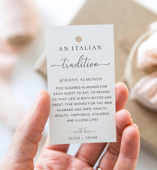 An Italian Tradition Favor Tag, Printable Jordan Almonds Tag, Minimalist Sugared Almonds Wedding Favor, Wedding Tradition Tag, Quinn Script