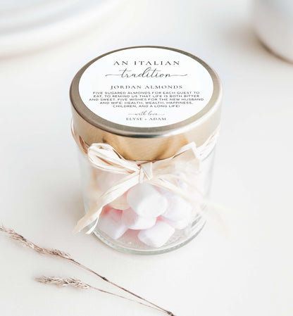 An Italian Tradition Favor Tag, Printable Jordan Almonds Tag, Minimalist Sugared Almonds Wedding Favor, Wedding Tradition Tag, Quinn Script