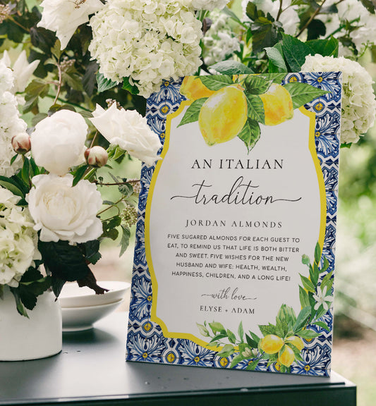 An Italian Tradition Sign, Printable Jordan Almonds Sign, Positano Blue Tile Lemons Sugared Almonds Wedding Favors, Wedding Tradition sign