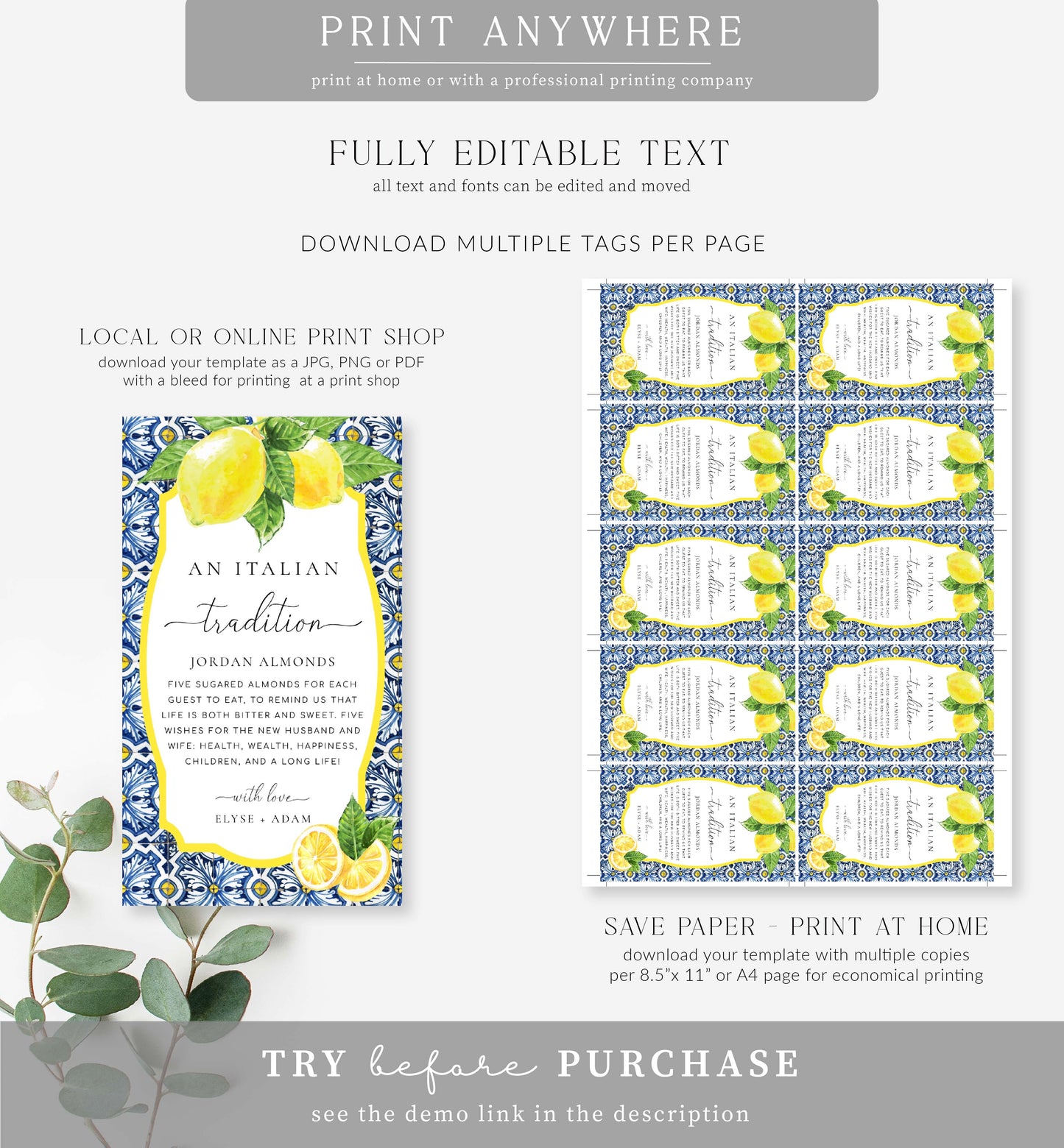 Positano Lemons | Printable Italian Tradition Favour Tags Template