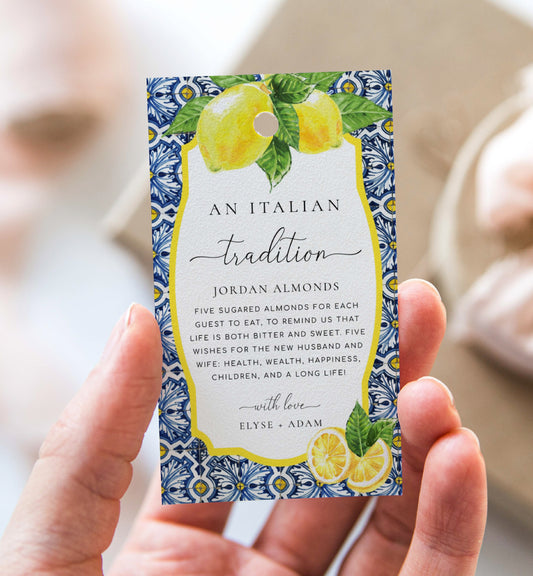 An Italian Tradition Favor Tag, Printable Jordan Almonds Tag, Sugared Almonds Wedding Favor, Positano Blue Tile Lemons, Wedding Tradition