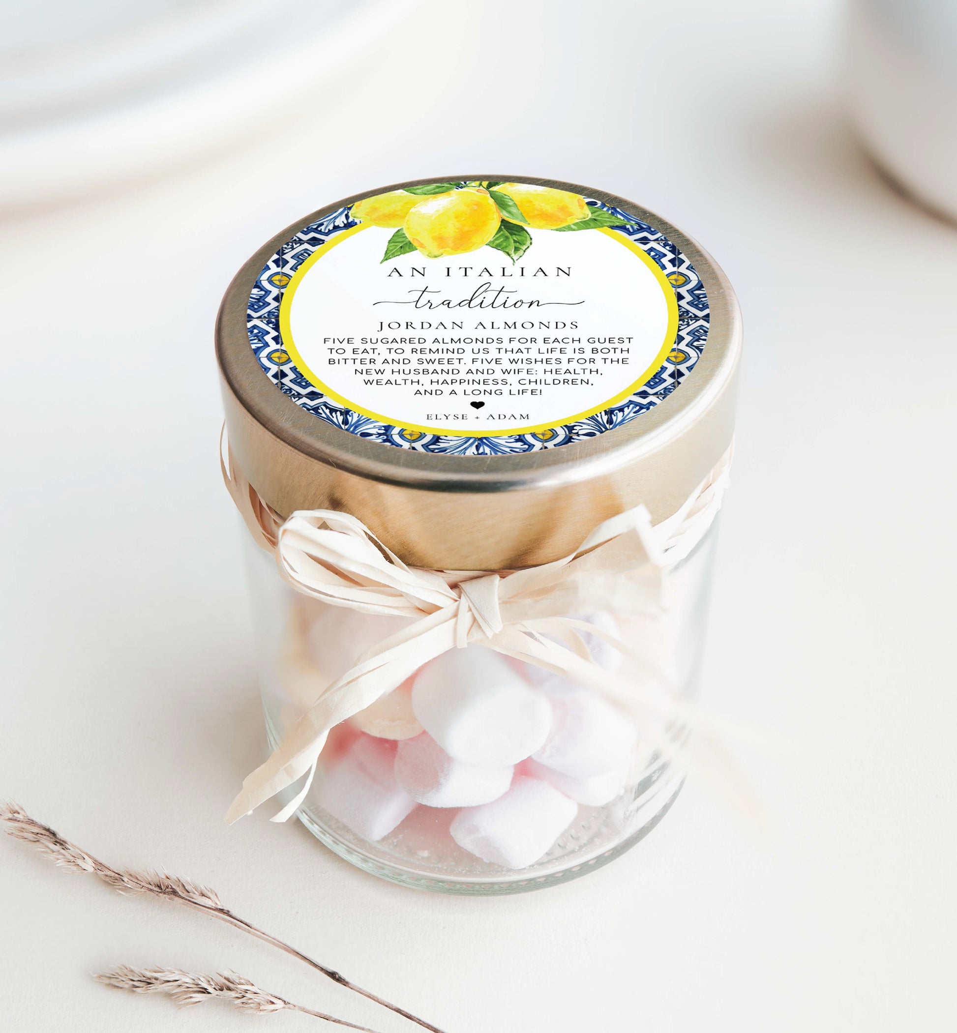 An Italian Tradition Favor Tag, Printable Jordan Almonds Tag, Sugared Almonds Wedding Favor, Positano Blue Tile Lemons, Wedding Tradition