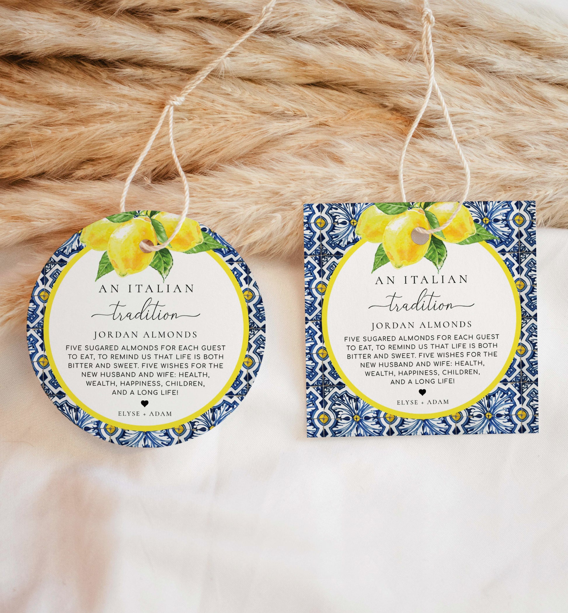 An Italian Tradition Favor Tag, Printable Jordan Almonds Tag, Sugared Almonds Wedding Favor, Positano Blue Tile Lemons, Wedding Tradition