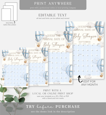 Bearly Wait Blue | Printable Arrival Date Baby Shower Game Sign