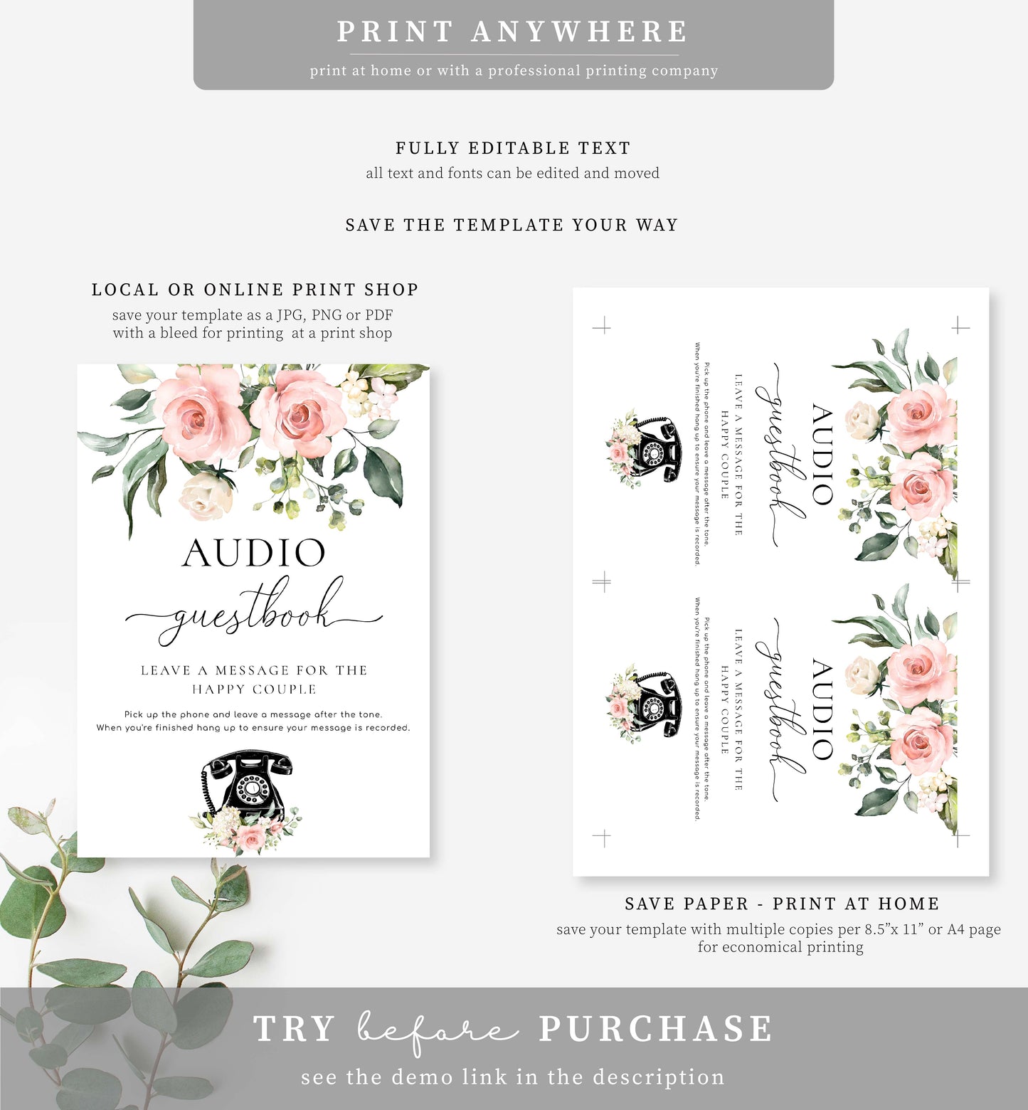 Darcy Floral Pink | Printable Audio Guestbook Sign Template