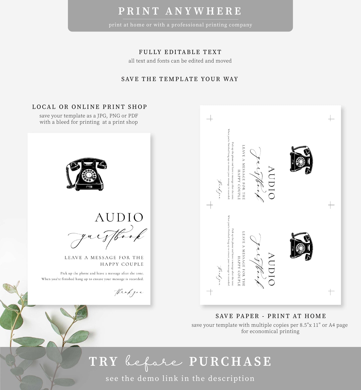 Ellesmere White | Printable Audio Guestbook Sign Template