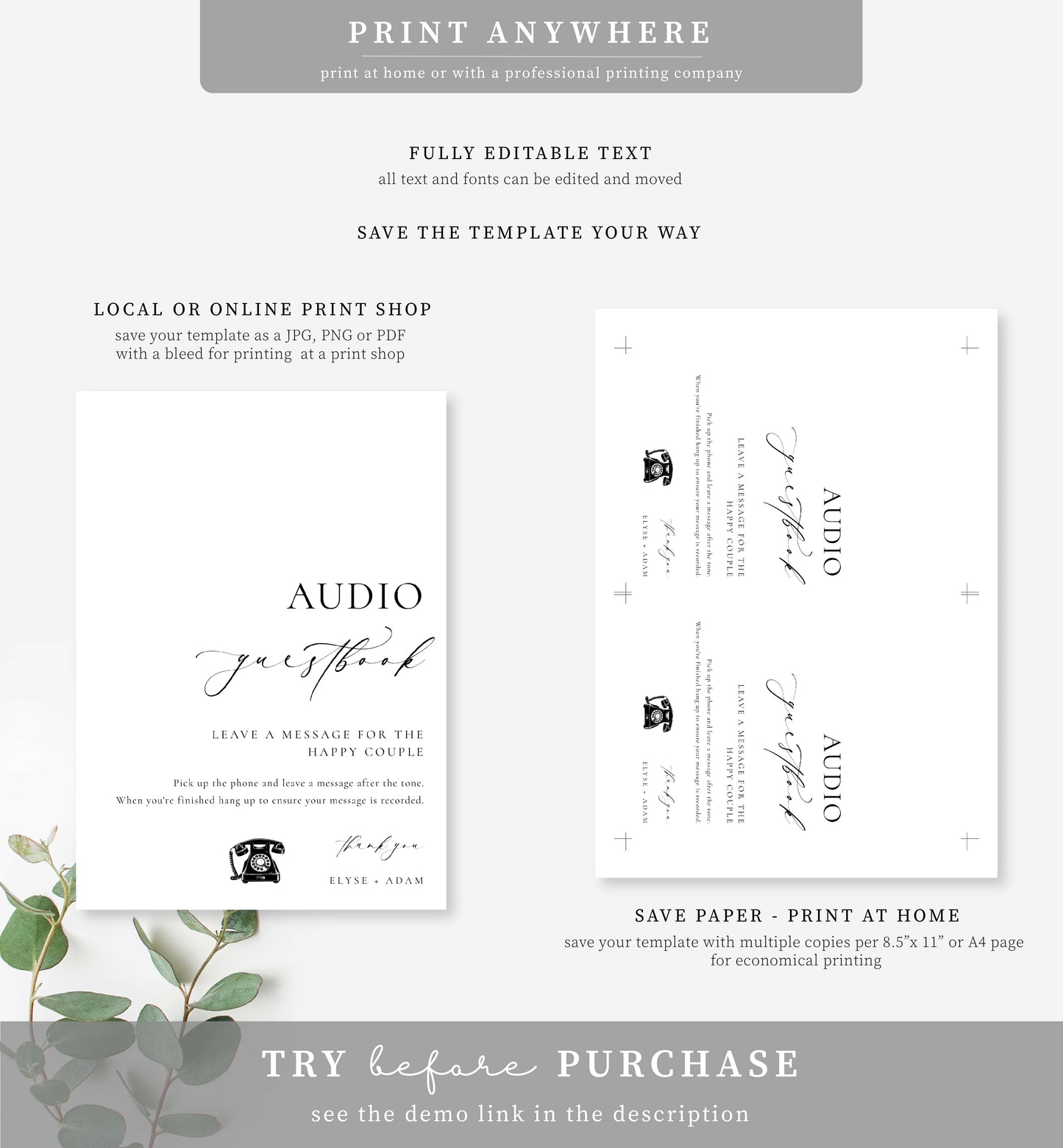 Ellesmere White | Printable Audio Guestbook Sign Template