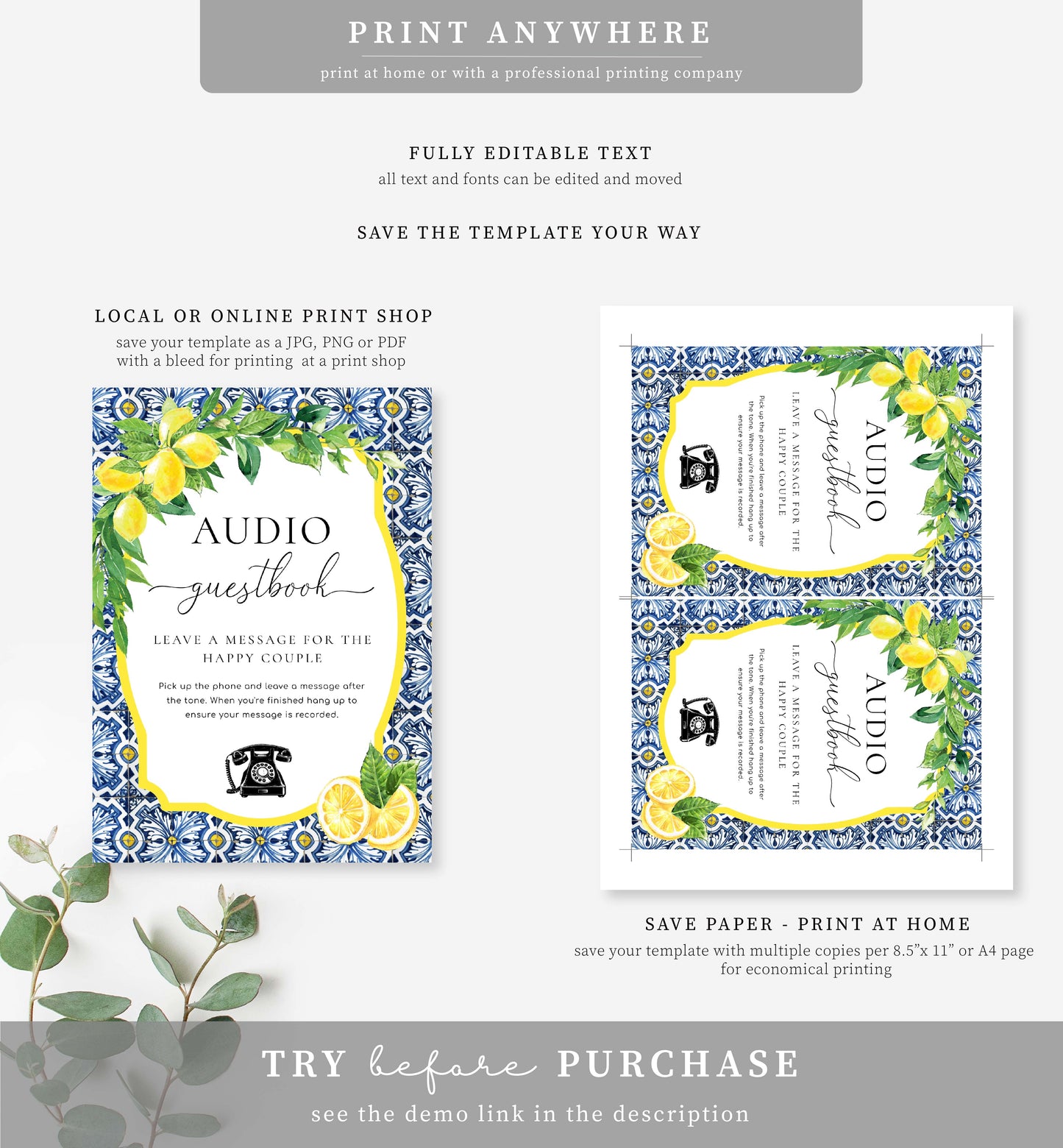 Positano Lemons | Printable Audio Guestbook Sign Template