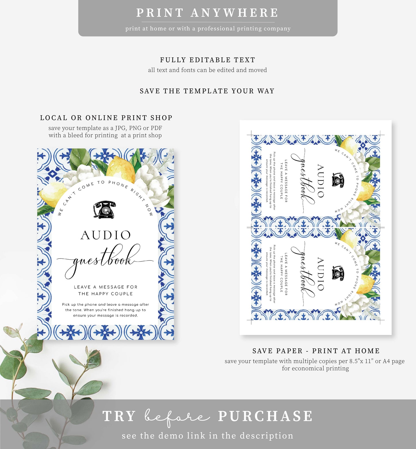 The Med Lemons | Printable Audio Guestbook Sign Template