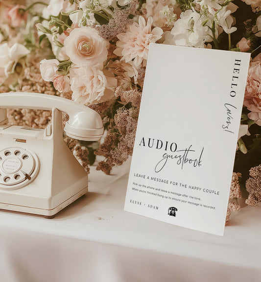 Vintage-style phone and floral arrangement with an audio guestbook card. Printable Audio Guestbook Sign, Modern Minimalist Wedding Guestbook Sign, Audio Booth Sign, Phone Message Guest Book Sign, Estelle