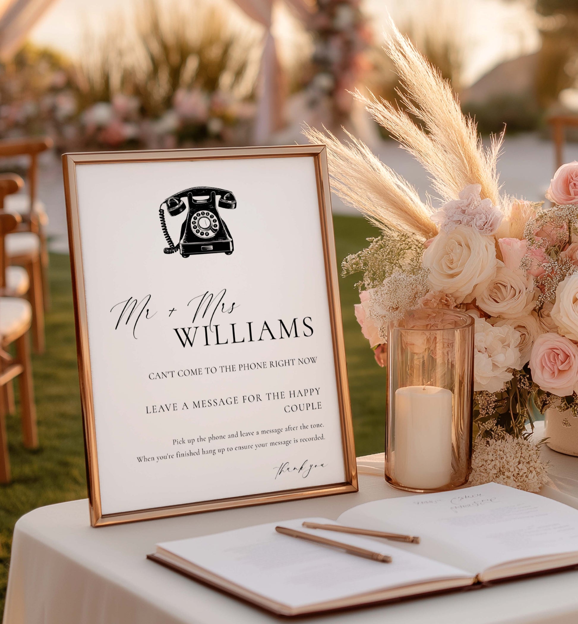 Wedding sign for Mr. and Mrs. Williams with a vintage phone illustration, placed on a table with flowers and a candle. Printable Voicemail Audio Guestbook Sign, Minimalist Wedding Guestbook Sign, Audio Booth Sign, Phone Message Guest Book Sign, Ellesmere