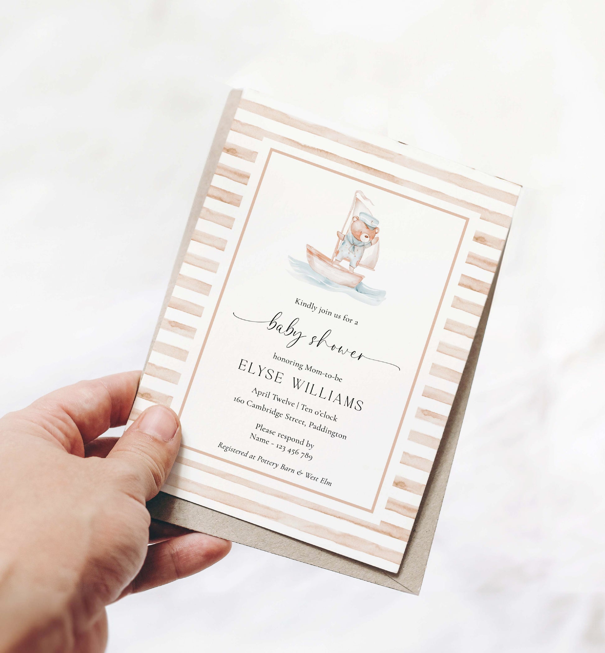 Sailor Bear Baby Shower Printable Invitation Suite, Books for Baby Card, Diaper Raffle Ticket, Beige Tan Nautical Boy Baby Shower Evite