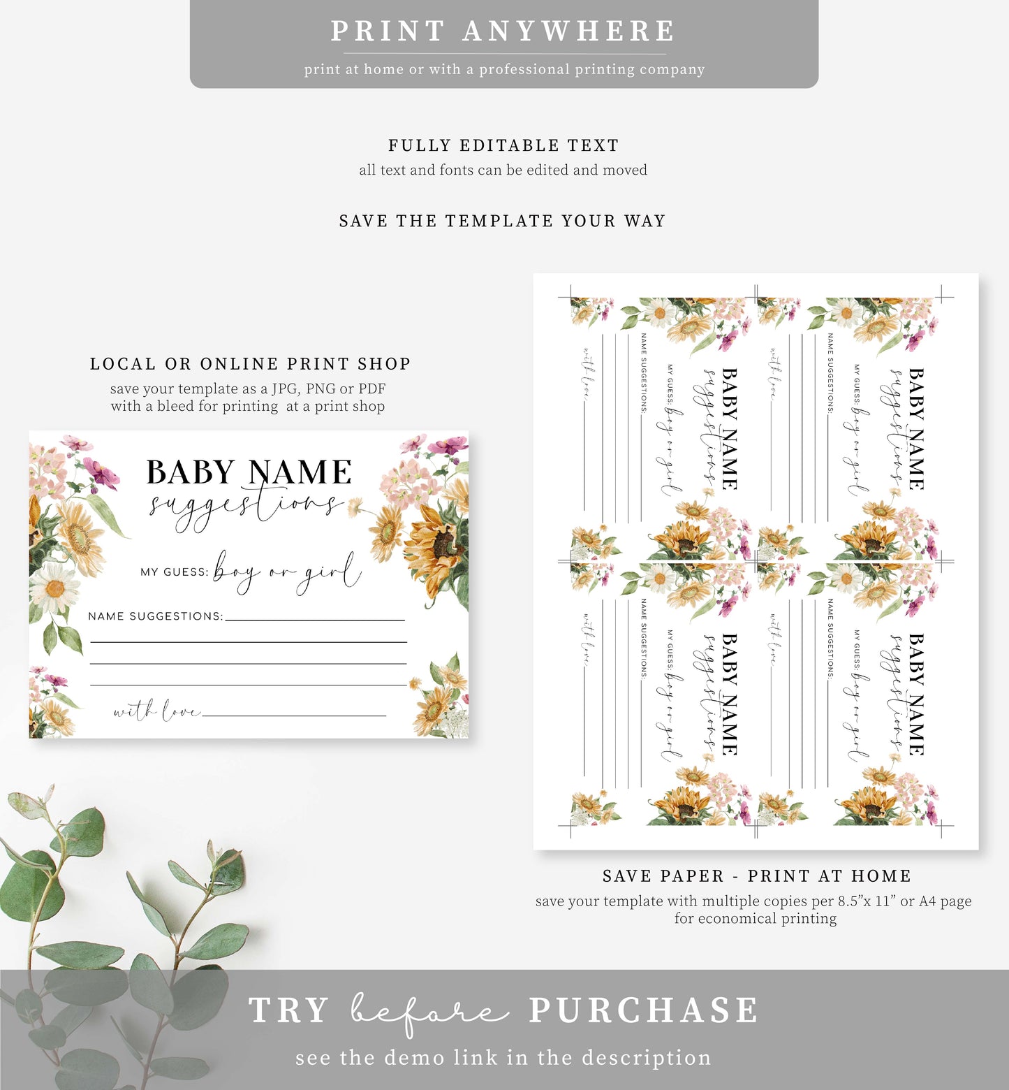 Mews Floral | Printable Baby Name Suggestion Game Sign and Card Template