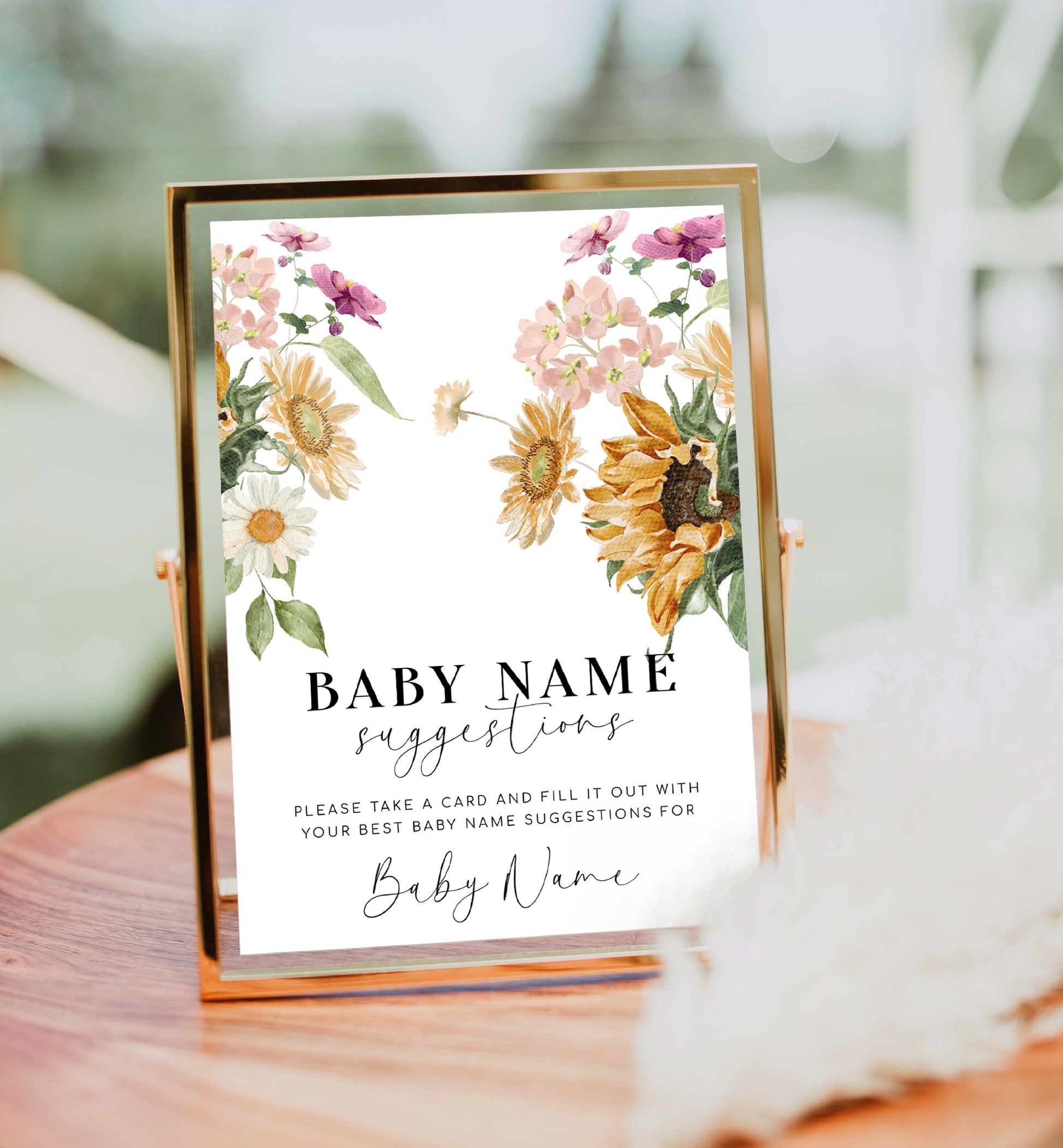 Baby Name Suggestions Card and Sign Template, Fall Autumn Sunflower, Printable Baby Name Ideas Game, Gender Neutral Baby Shower Game