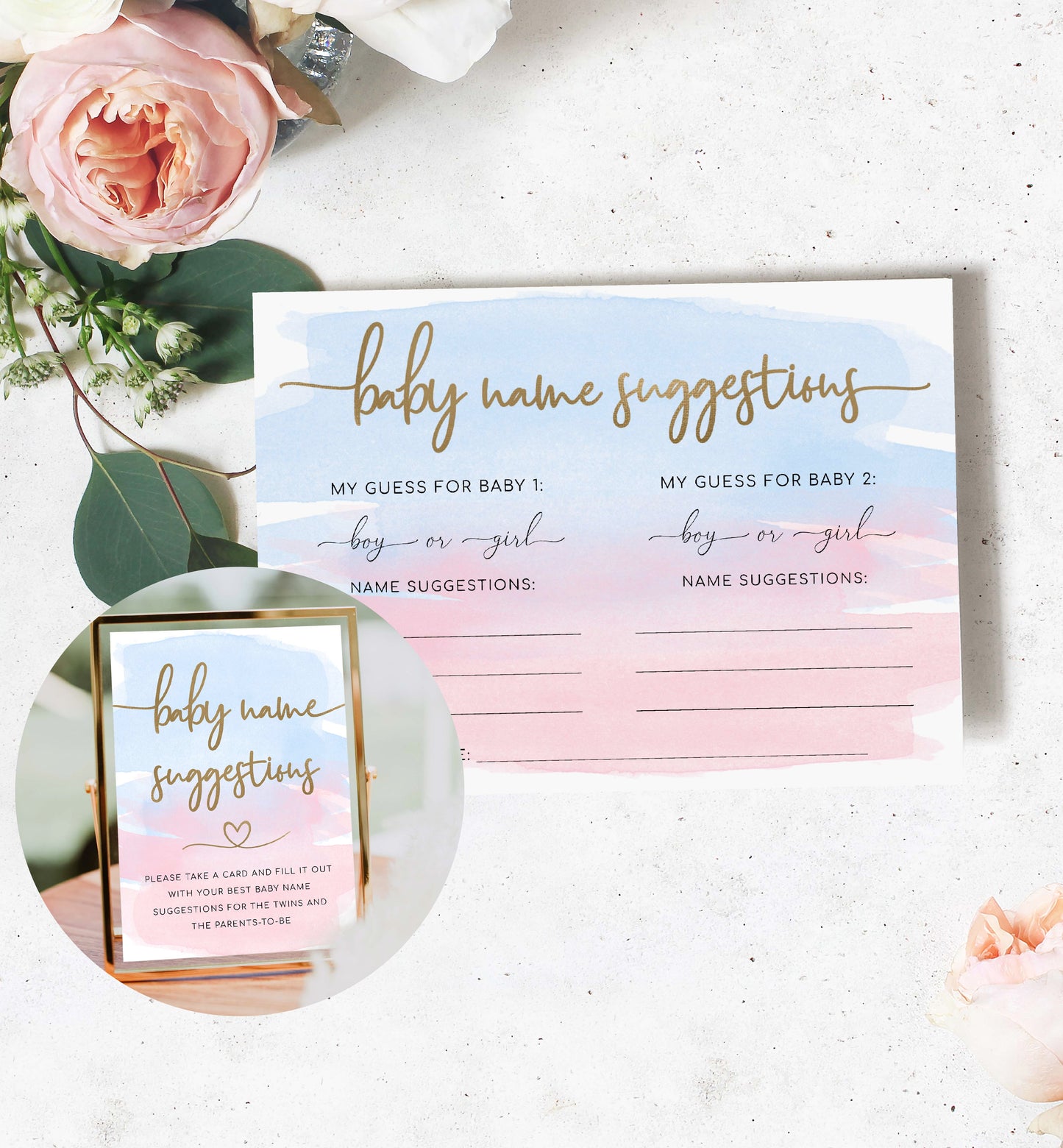 Gender Reval Party Game, Baby Name Suggestions Game Card and Sign, Pink and Blue Watercolour Baby Name Ideas Game, Printable Gender Reveal Baby Shower Game