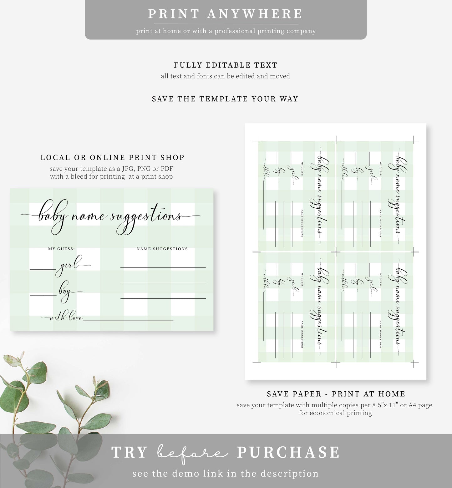 Gingham Green | Printable Baby Name Suggestion Game Sign and Card Template