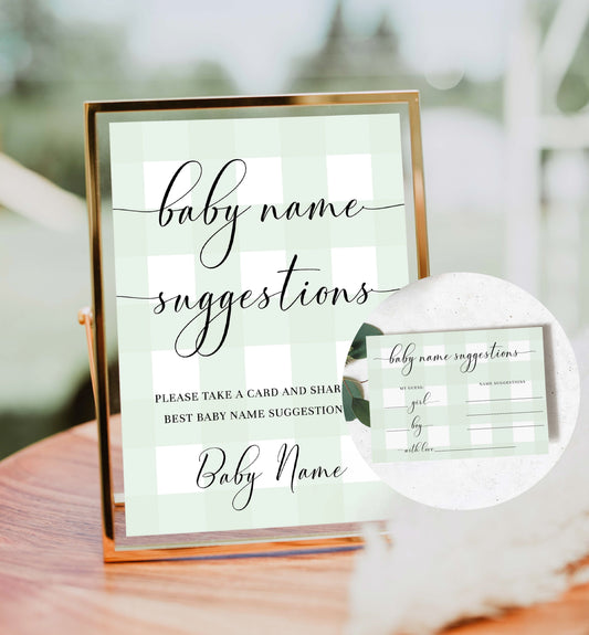 Baby Name Suggestions Card and Sign Template, Mint Green Gingham Check, Printable Baby Name Ideas Game, Gender Neutral Baby Shower Game