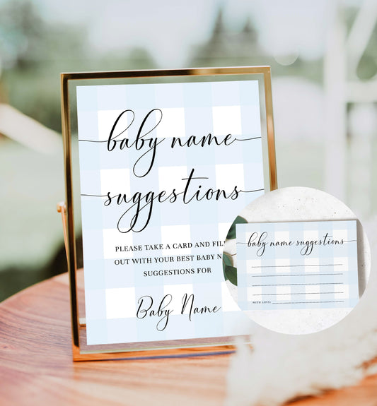 Gingham Blue | Printable Baby Name Suggestion Game Sign and Card Template