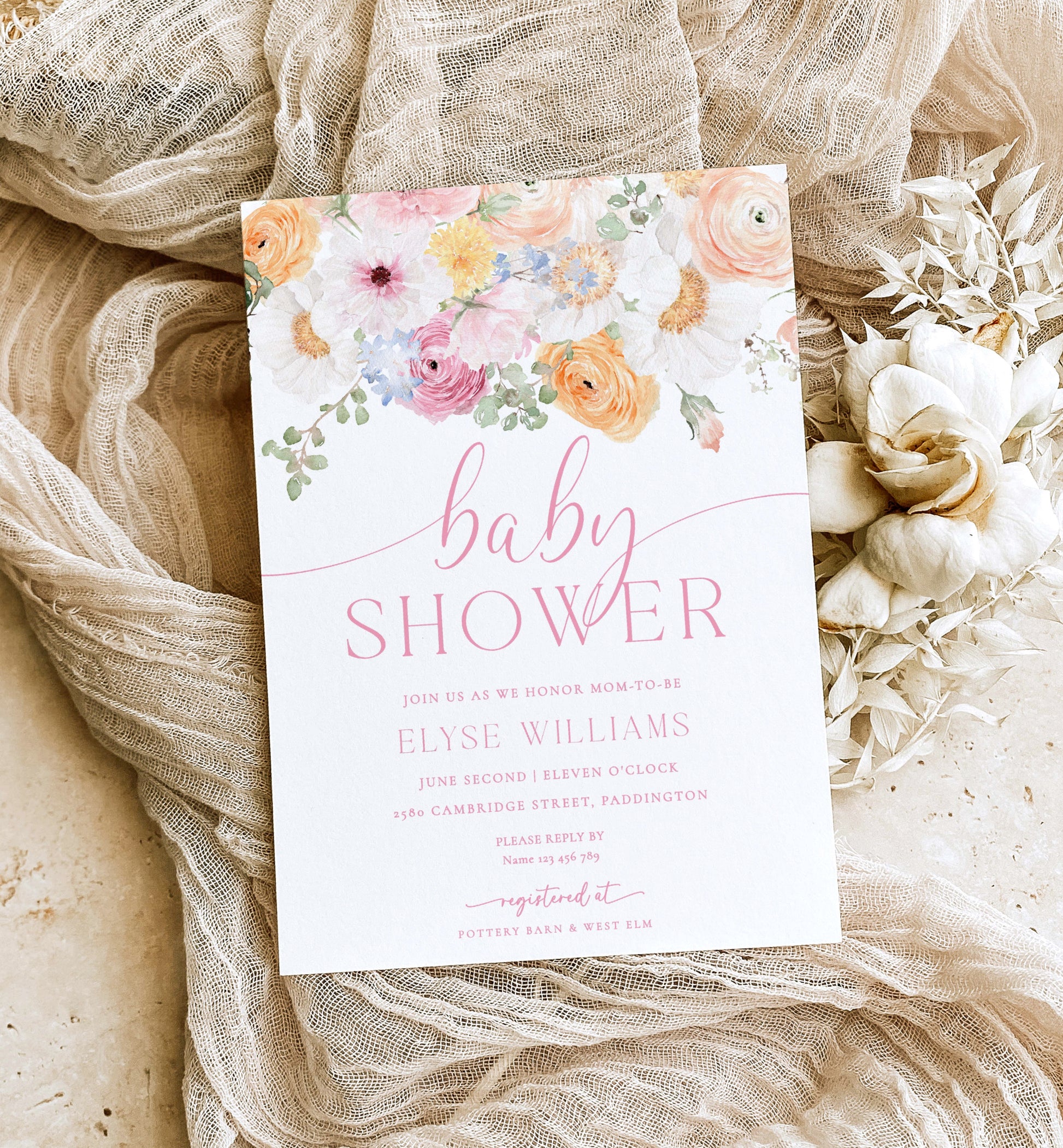 Printable Baby Shower Invitation Template, Editable Floral Girl Baby Shower, Prink Spring Floral Baby Shower, Boho Wildflower, Millie