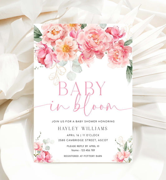 Printable Baby In Bloom Invitation Template, Editable Hot Pink Peony Baby Shower Invitation, Spring Floral Girl Baby Shower Evite, Piper