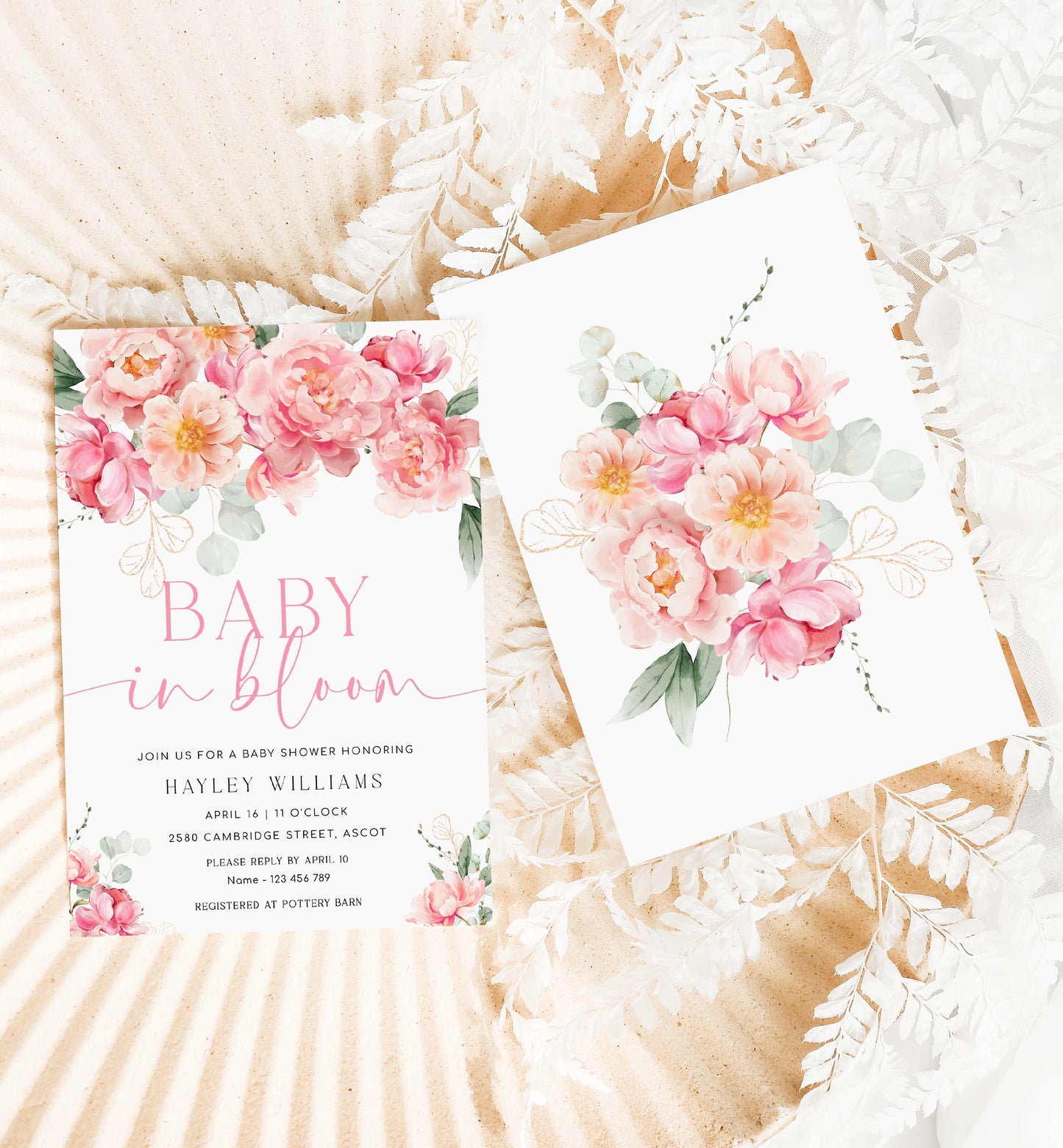 Printable Baby In Bloom Invitation Template, Editable Hot Pink Peony Baby Shower Invitation, Spring Floral Girl Baby Shower Evite, Piper