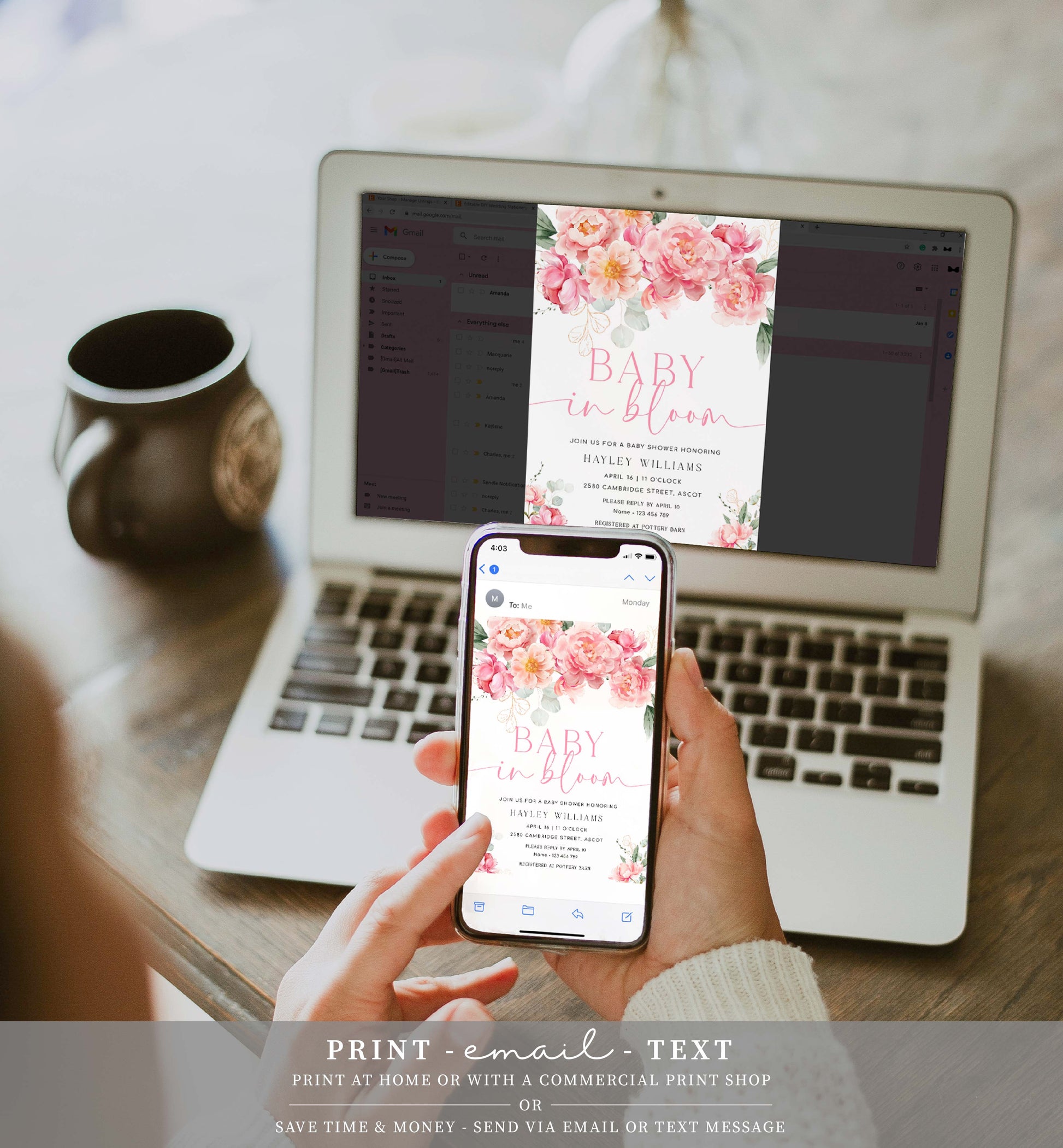 Printable Baby In Bloom Invitation Template, Editable Hot Pink Peony Baby Shower Invitation, Spring Floral Girl Baby Shower Evite, Piper