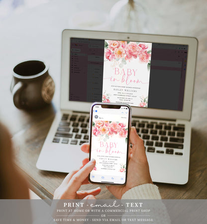 Printable Baby In Bloom Invitation Template, Editable Hot Pink Peony Baby Shower Invitation, Spring Floral Girl Baby Shower Evite, Piper